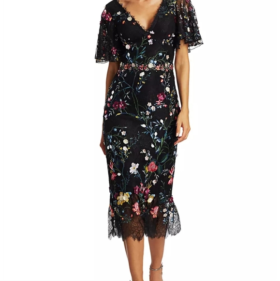 sachin and babi light blue dress Notte by Marchesa Burgundy 3D Floral Lace Midi Dress M Notte By Marchesa
